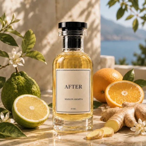 Flacon d’extrait de parfum After entouré de mandarine et bergamote, orange.
