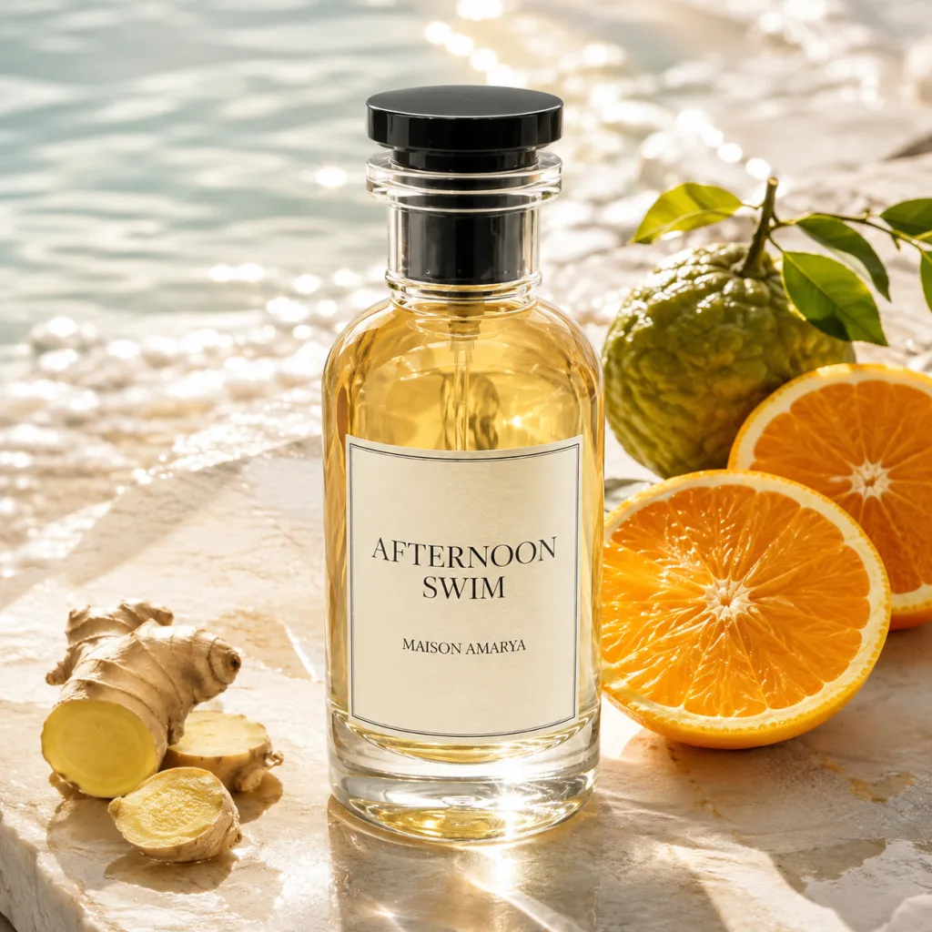 Flacon d’extrait de parfum Afternoon Swim entouré par des mandarines, des oranges et du gingembre, au bord de l’eau.