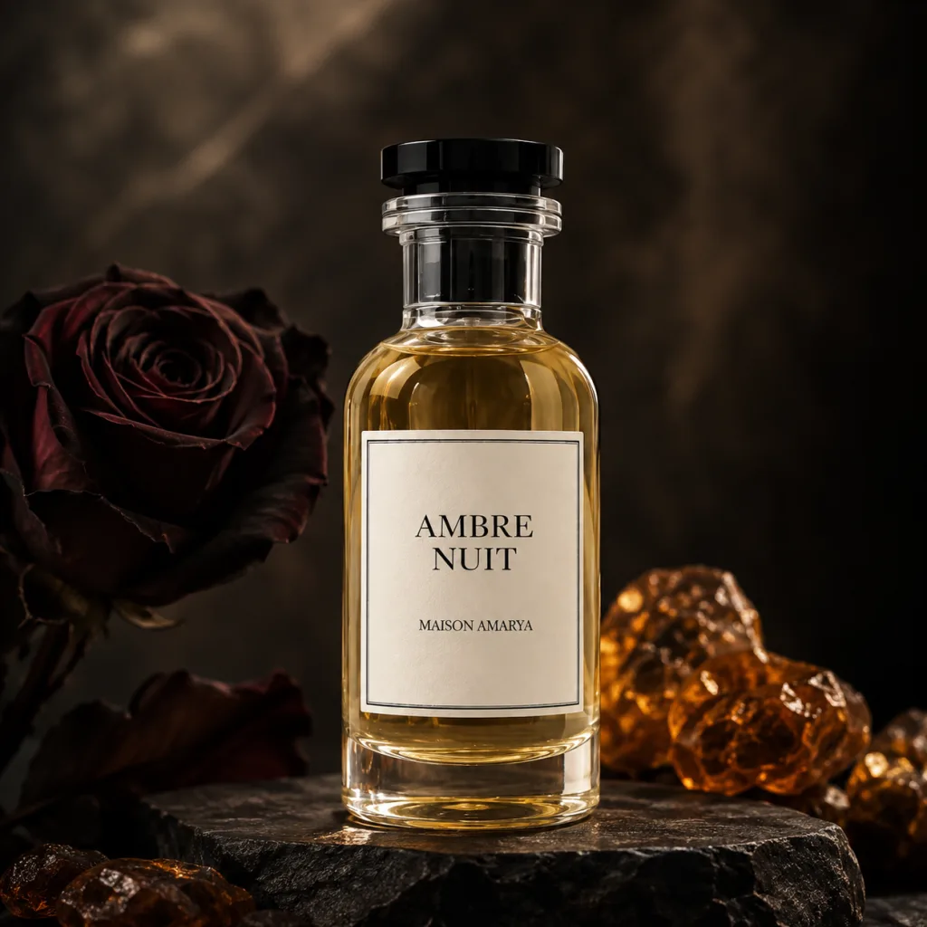 Flacon d’extrait de parfum Ambre Nuit entouré par des roses sombres et de la résine d’ambre.