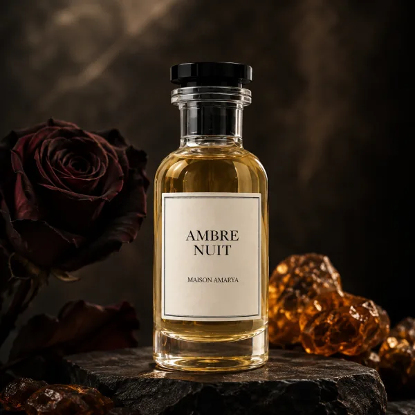 Flacon d’extrait de parfum Ambre Nuit entouré par des roses sombres et de la résine d’ambre.