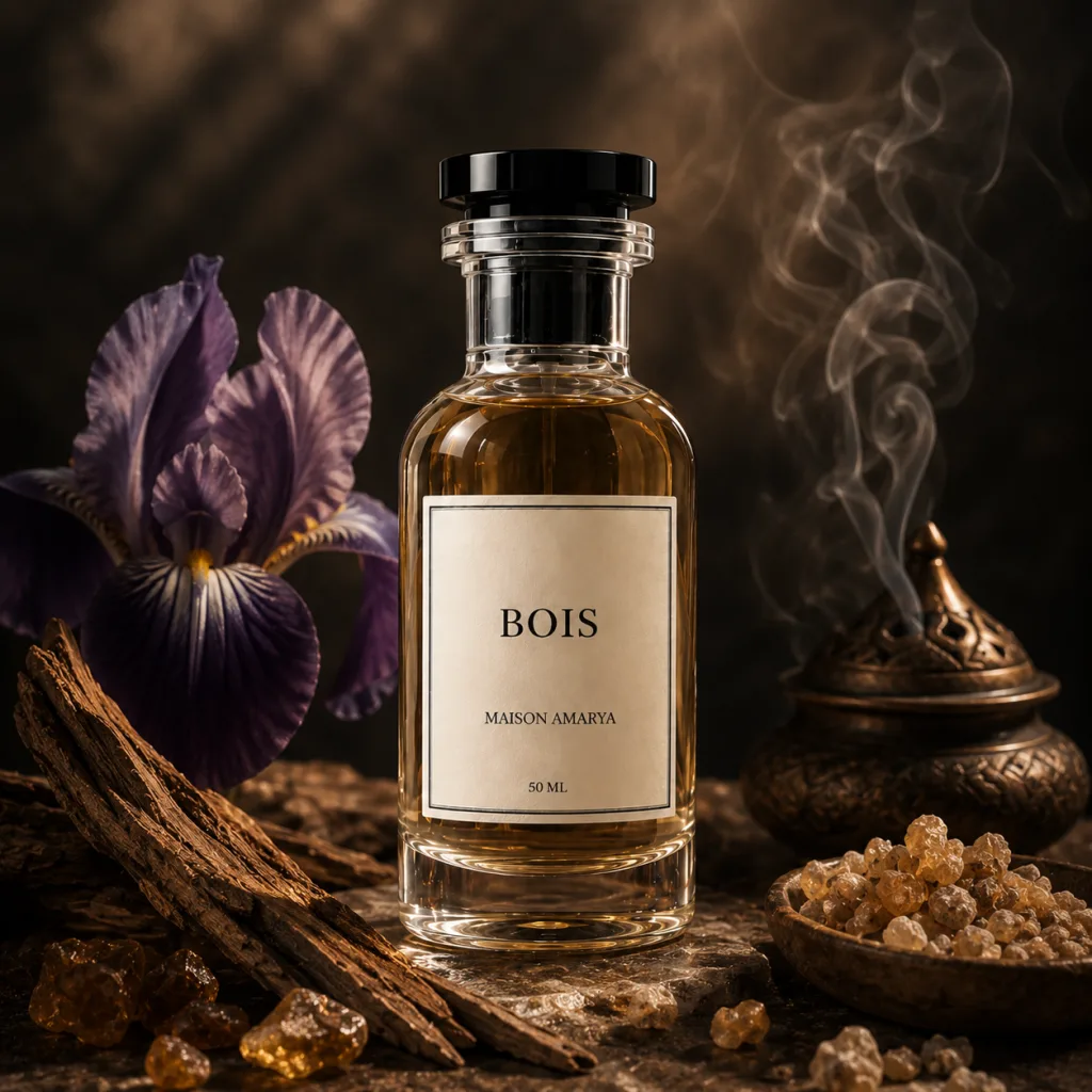 Flacon d’extrait de parfum Bois entouré de bois et iris, encens.