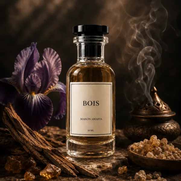 Flacon d’extrait de parfum Bois entouré de bois et iris, encens.