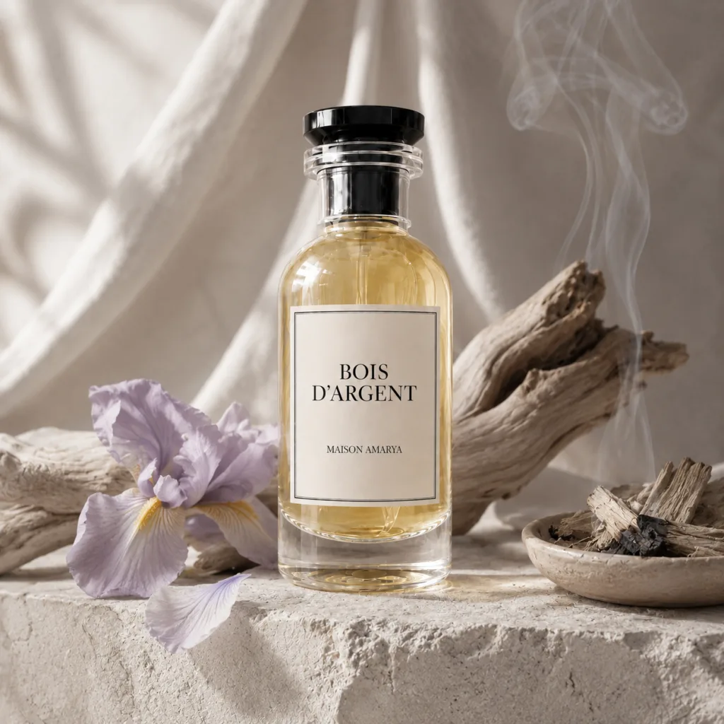 Flacon d’extrait de parfum Bois d’Argent entouré par des baies de genièvre, un iris et des copeaux de bois.