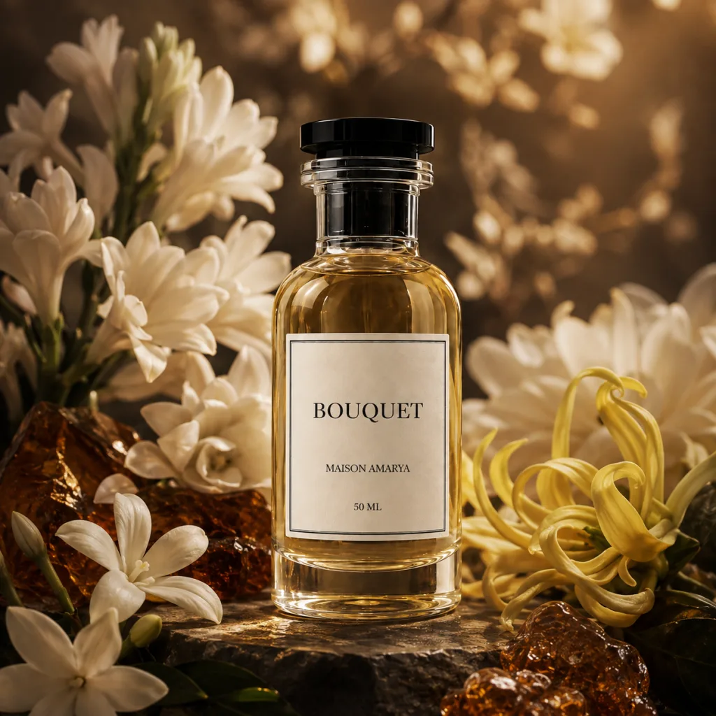 Flacon d’extrait de parfum Bouquet entouré de tubéreuse et ylang-ylang, jasmin.