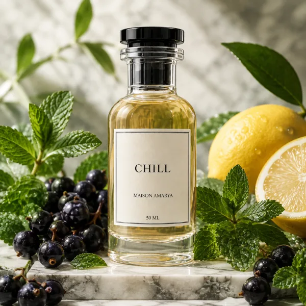 Flacon d’extrait de parfum Chill entouré de menthe et cassis.