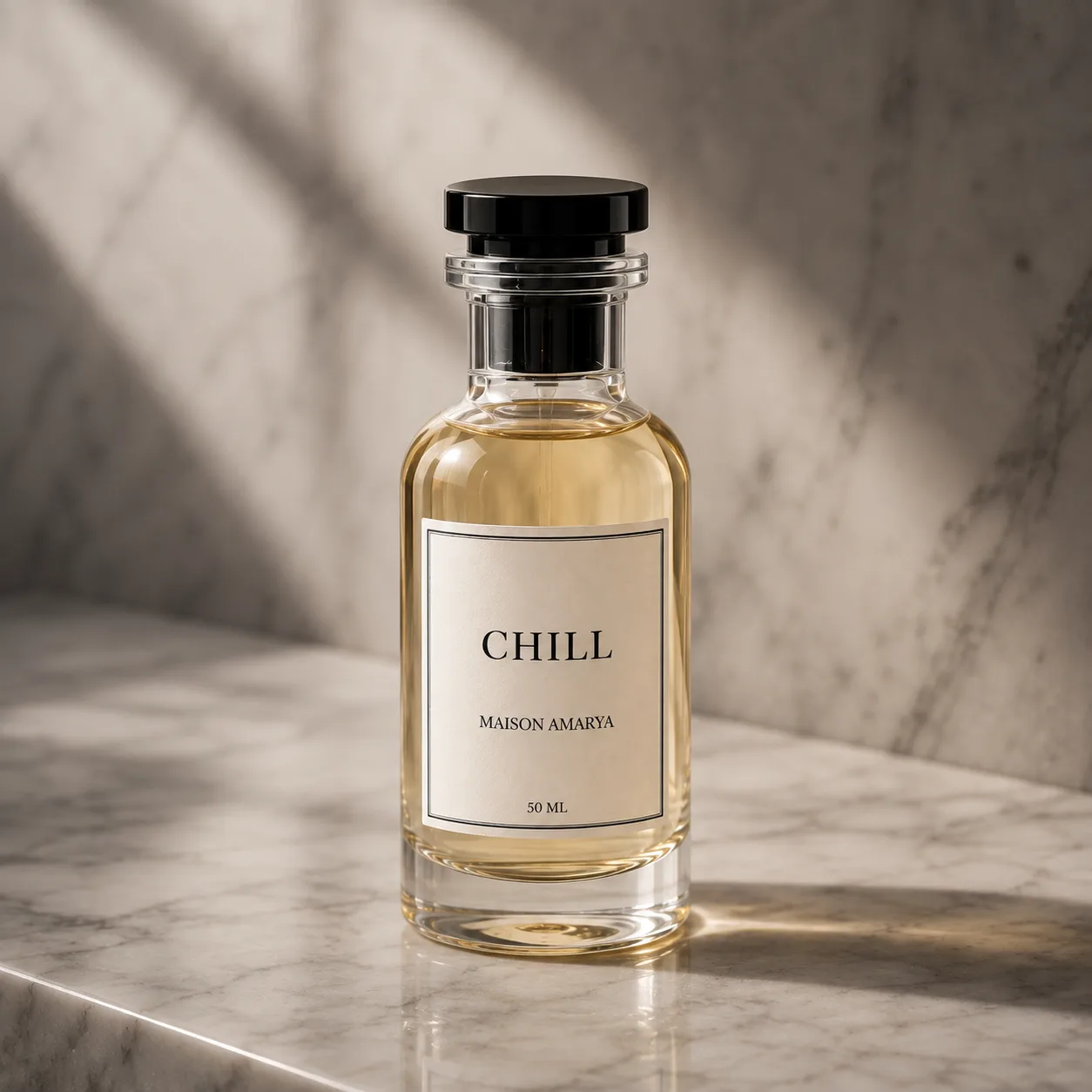 Flacon d’extrait de parfum Chill posé sur une pierre claire, dans une lumière chaude.
