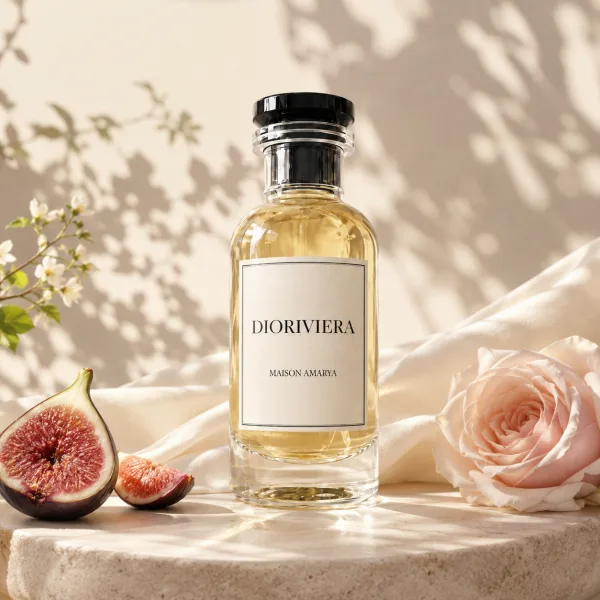 Flacon d’extrait de parfum Dioriviera entouré par des figues, des agrumes et une rose, face à la mer.