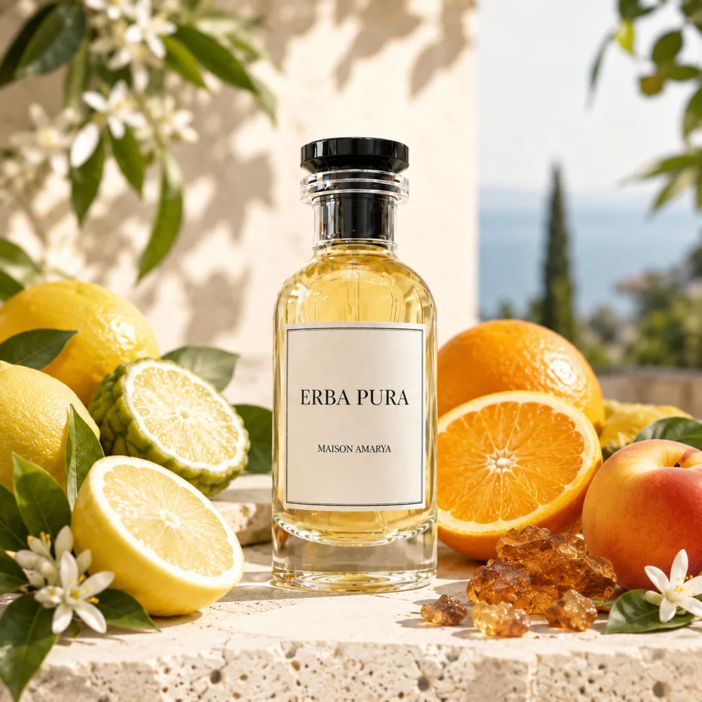Flacon d’extrait de parfum Erba Pura entouré par des citrons, des oranges et des fleurs d’oranger.