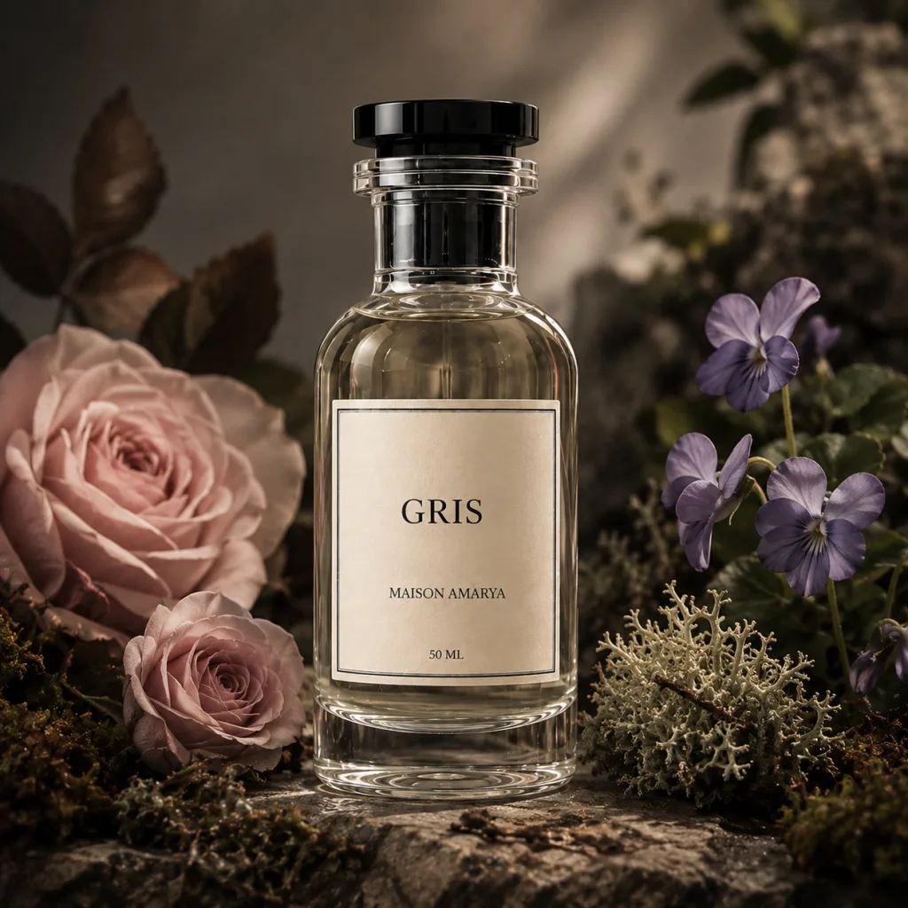 Flacon d’extrait de parfum Gris entouré de agrumes et rose, violette, mousse de chêne.