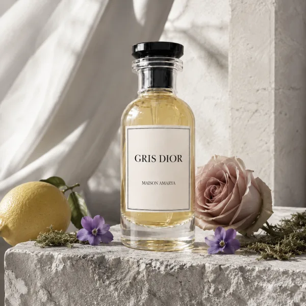 Flacon d’extrait de parfum Gris Dior entouré par des agrumes, une rose et des violettes.