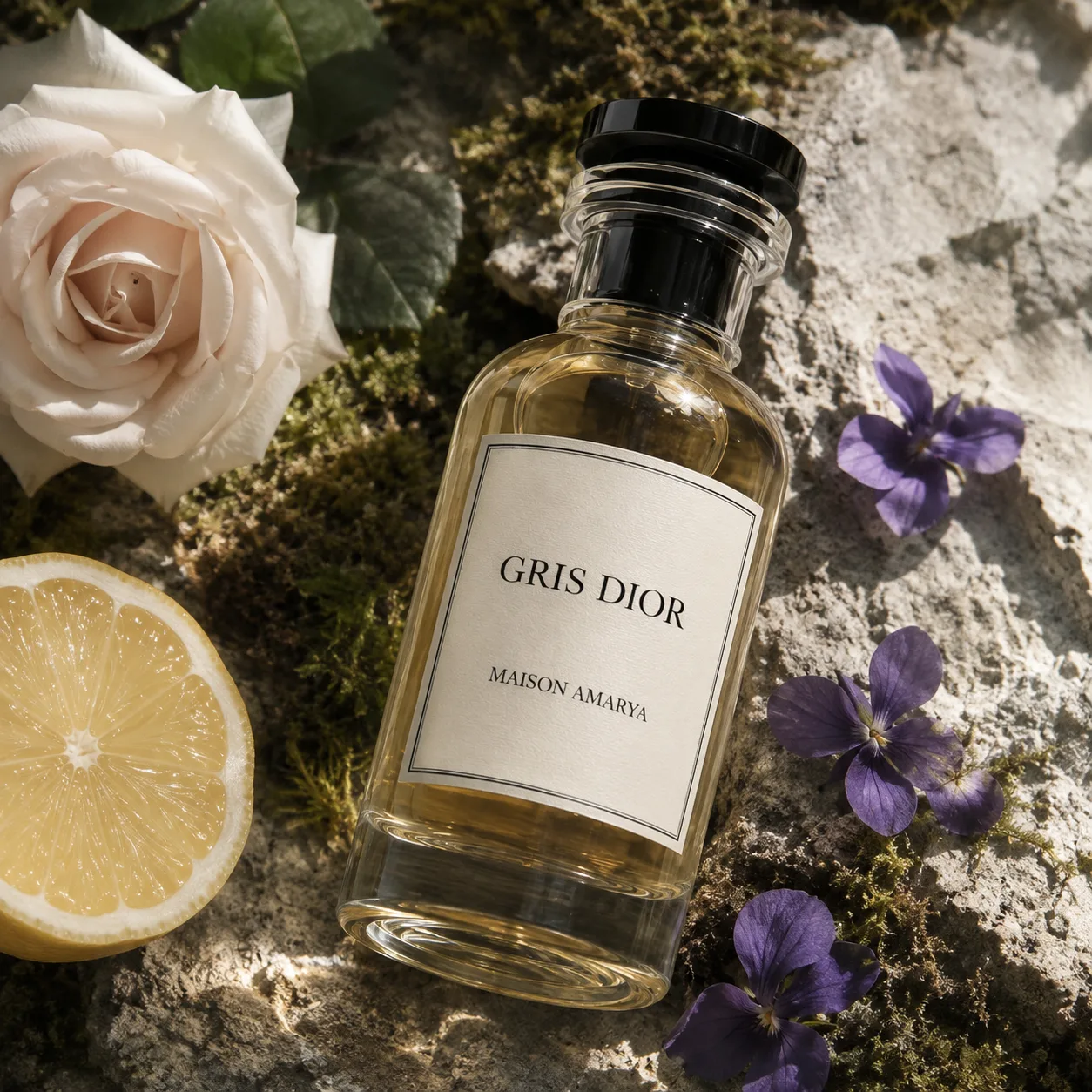 Flacon d’extrait de parfum Gris Dior posé sur un socle de pierre claire, dans une lumière douce.