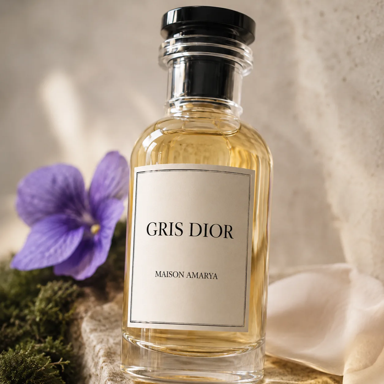 Gros plan du flacon d’extrait de parfum Gris Dior et de son étiquette, sous des ombres de feuillage.