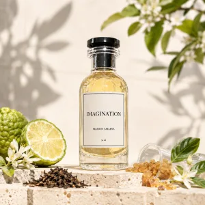 Flacon d’extrait de parfum Imagination entouré par des agrumes, des feuilles de thé et des grains de poivre.