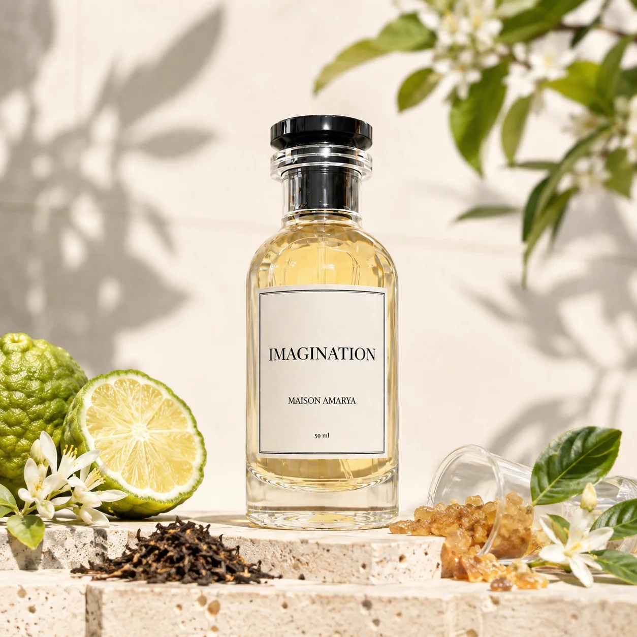 Flacon d’extrait de parfum Imagination entouré par des agrumes, des feuilles de thé et des grains de poivre.