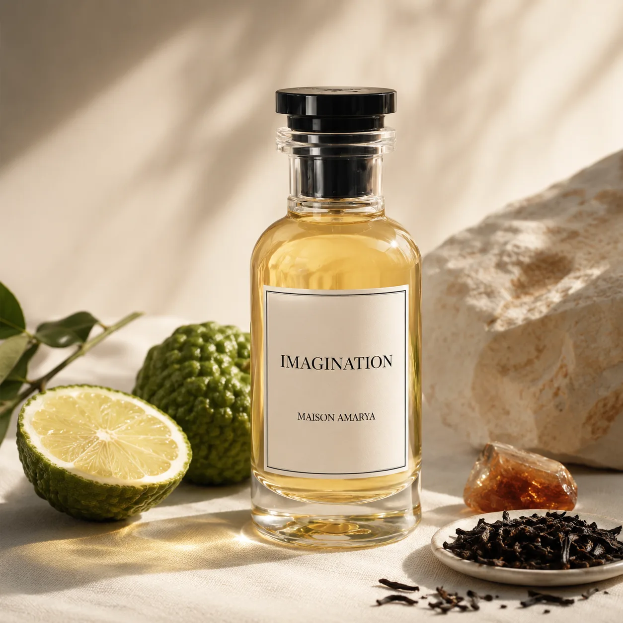 Gros plan du flacon d’extrait de parfum Imagination et de son étiquette, sous des ombres de feuillage.