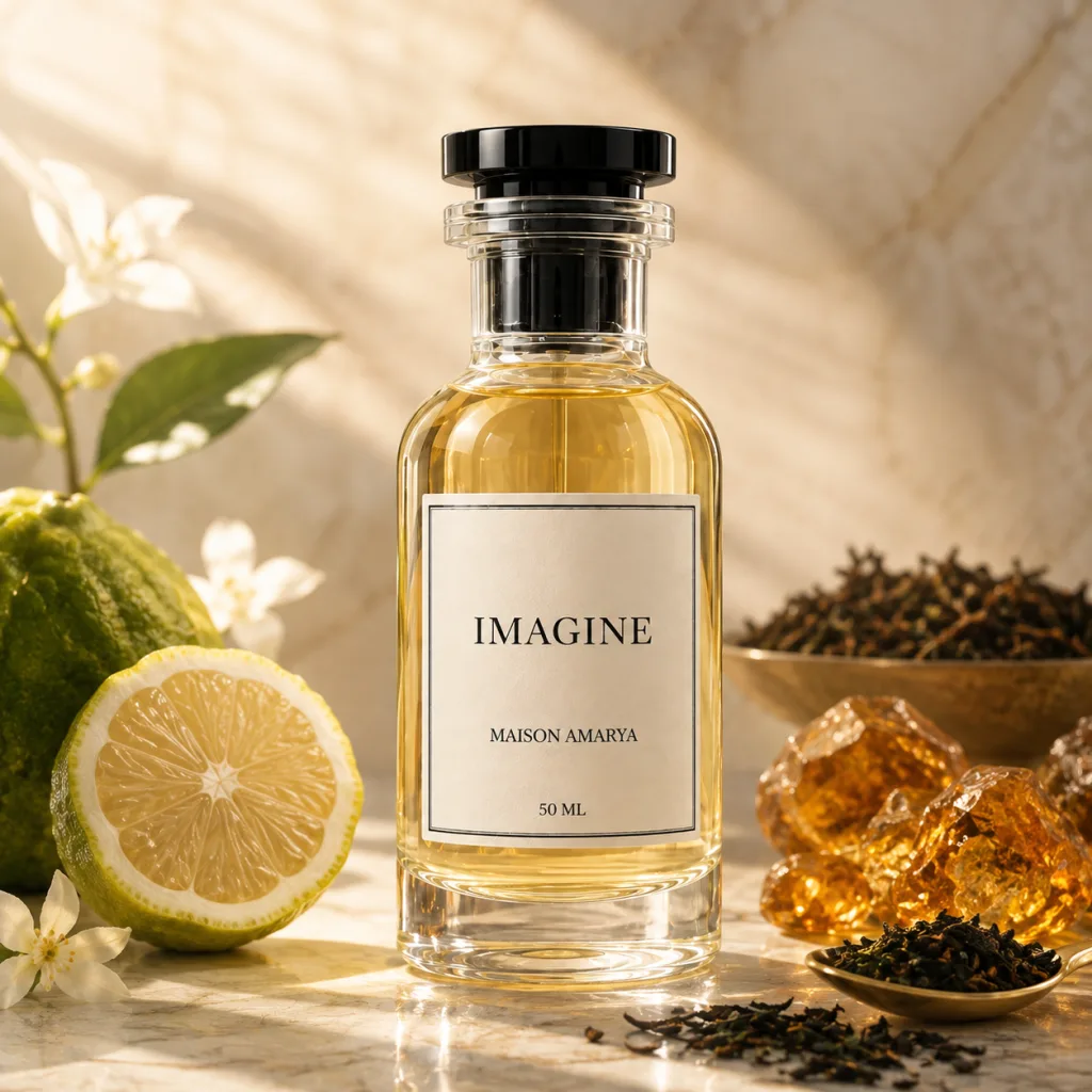 Flacon d’extrait de parfum Imagine entouré de bergamote et thé noir, ambre.