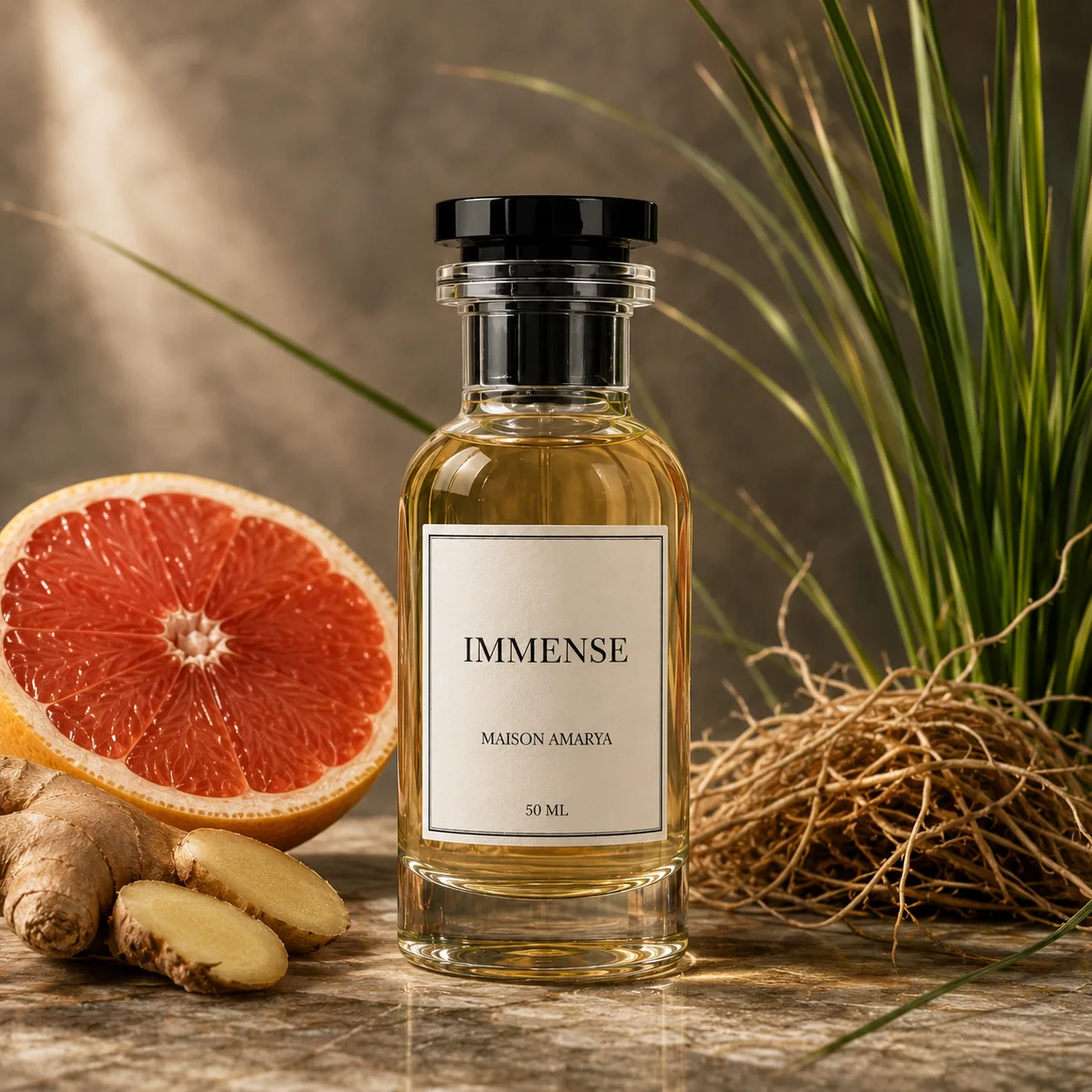 Flacon d’extrait de parfum Immense entouré de pamplemousse et bois ambrés.