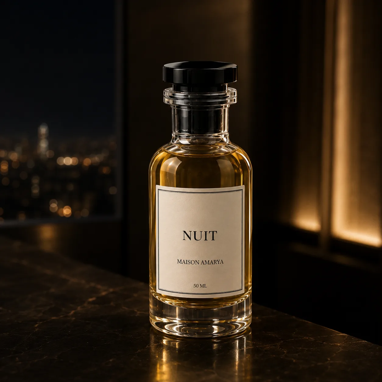 Flacon d’extrait de parfum Nuit posé sur une pierre claire, dans une lumière chaude.