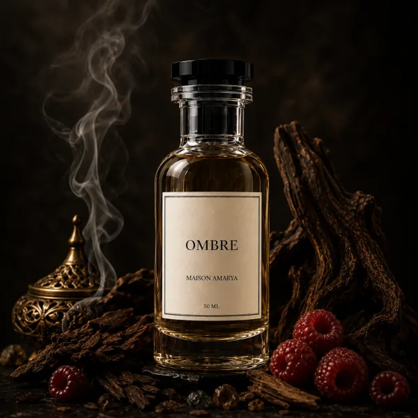 Flacon d’extrait de parfum Ombre entouré de oud et encens, rose, ambre.