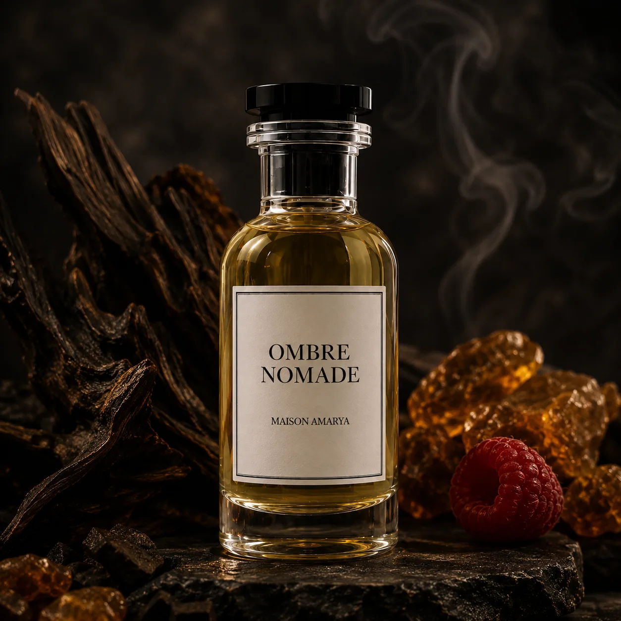 Flacon d’extrait de parfum Ombre Nomade entouré par de l’encens, une rose et des éclats de bois d’oud.