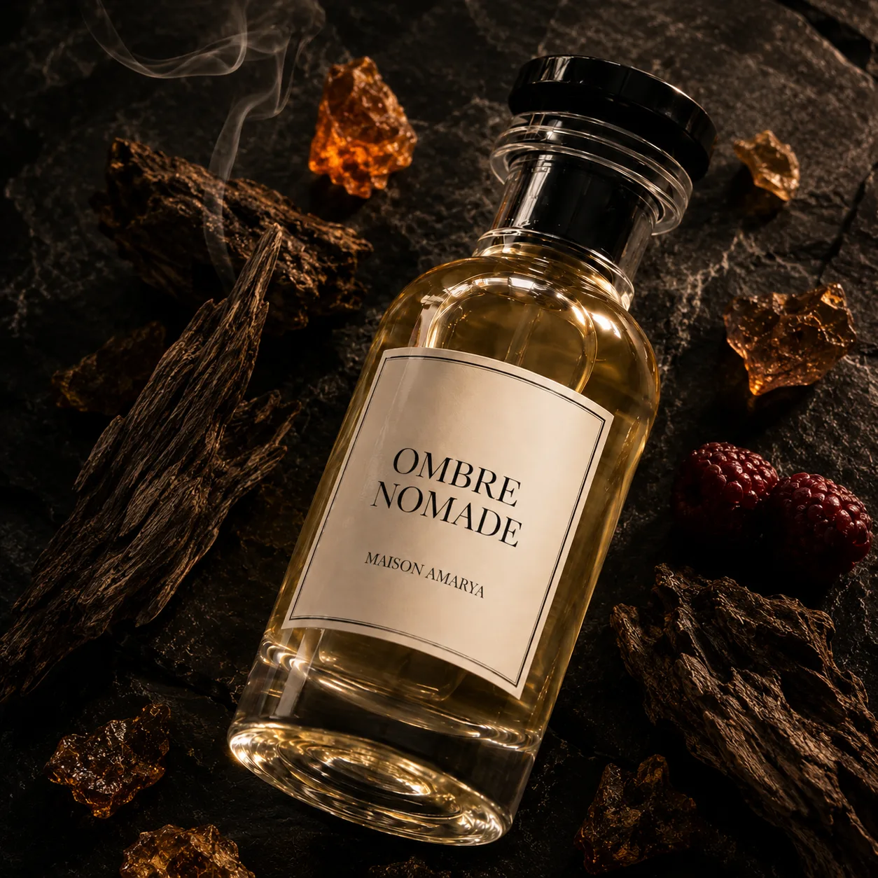 Flacon d’extrait de parfum Ombre Nomade posé sur un socle de pierre claire, dans une lumière douce.