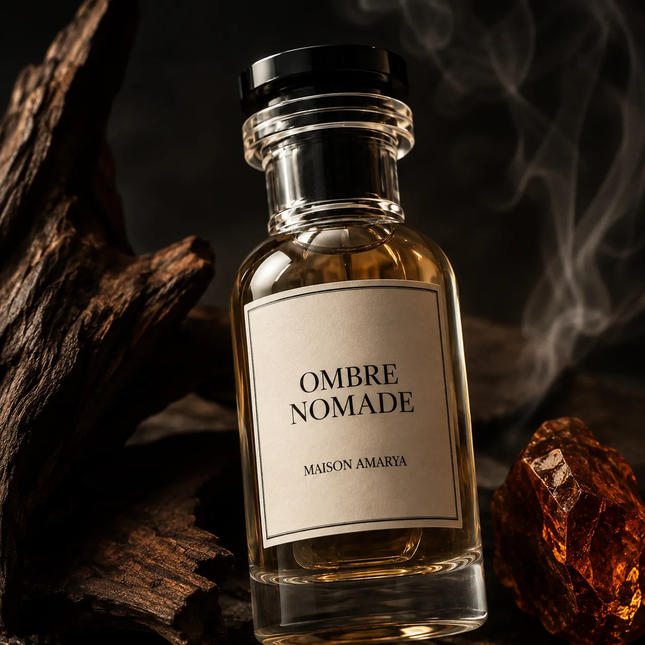 Gros plan du flacon d’extrait de parfum Ombre Nomade et de son étiquette, sous des ombres de feuillage.