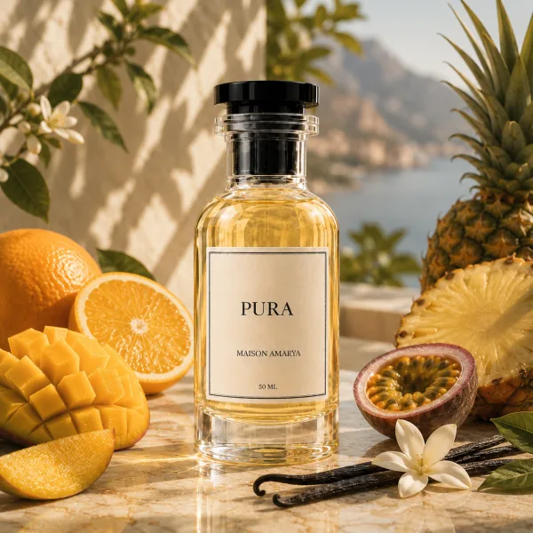 Flacon d’extrait de parfum Pura entouré de agrumes et fruits méditerranéens, muscs blancs.