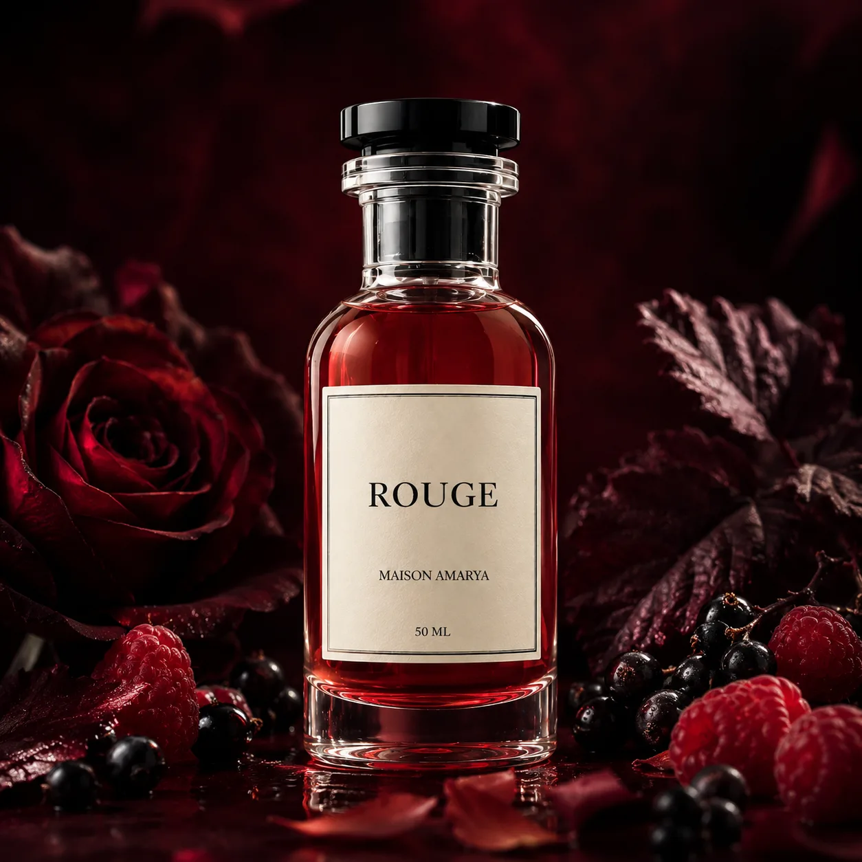 Flacon d’extrait de parfum Rouge entouré de framboise et feuille de cassis, patchouli, muscs.