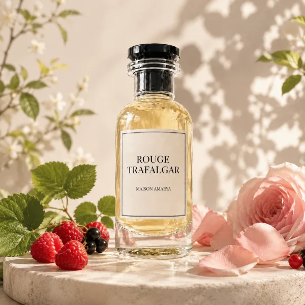 Flacon d’extrait de parfum Rouge Trafalgar entouré par des framboises, des mandarines et des feuilles de cassis.
