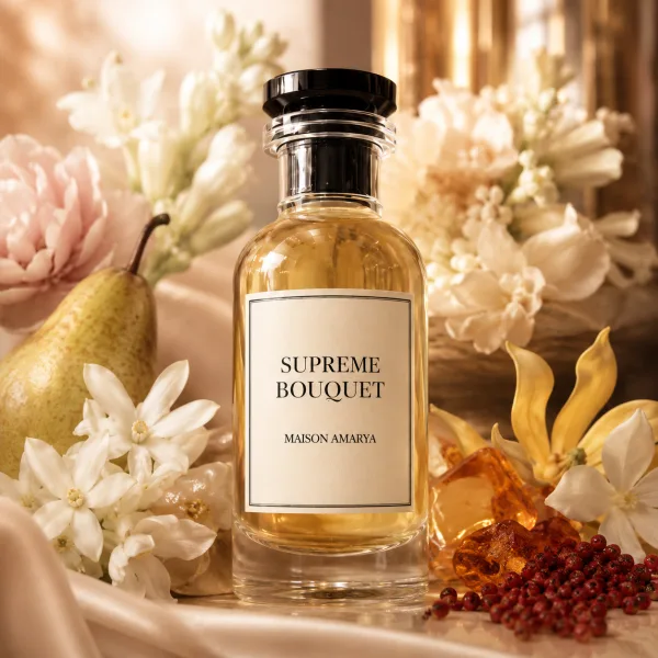 Flacon d’extrait de parfum Supreme Bouquet entouré par de la tubéreuse, du jasmin et de l’ylang-ylang.