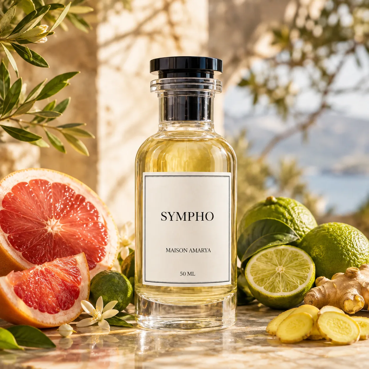Flacon d’extrait de parfum Sympho entouré de fleur d’oranger et pamplemousse.