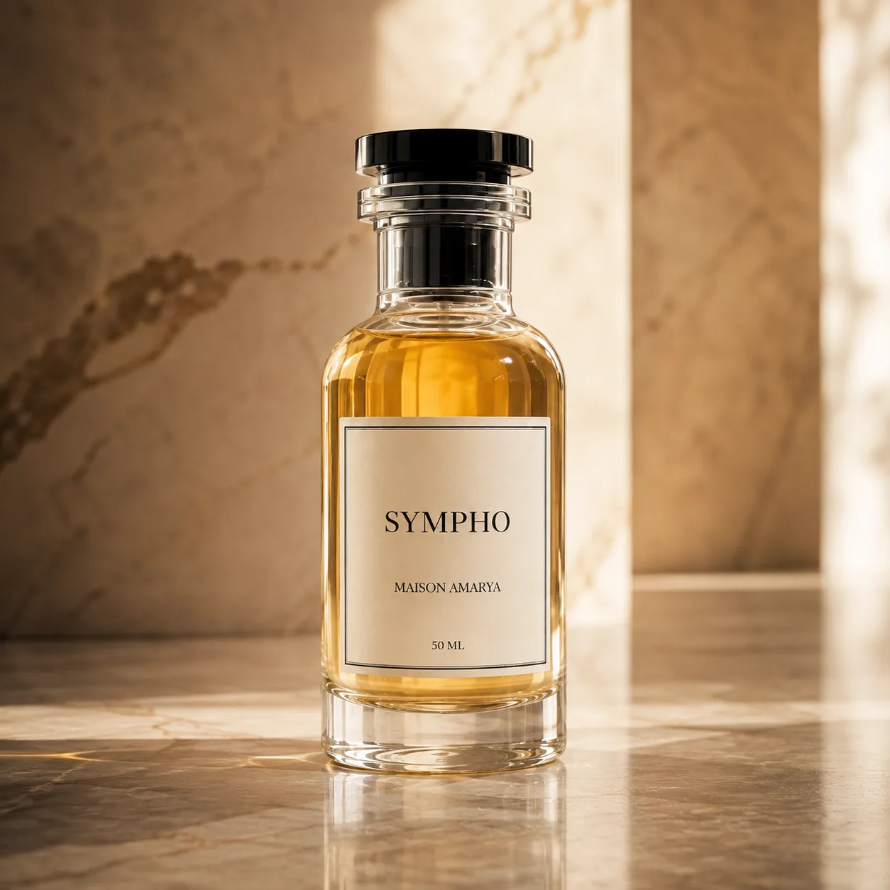 Flacon d’extrait de parfum Sympho posé sur une pierre claire, dans une lumière chaude.