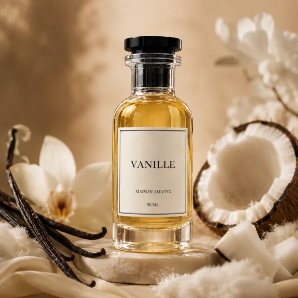 Flacon d’extrait de parfum Vanille entouré de vanille et coco.